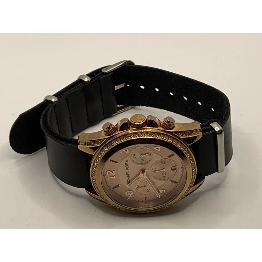 Michael Kors MK5859 Women Black Leather Analog Rose Gold Dial Quartz Watch JD246